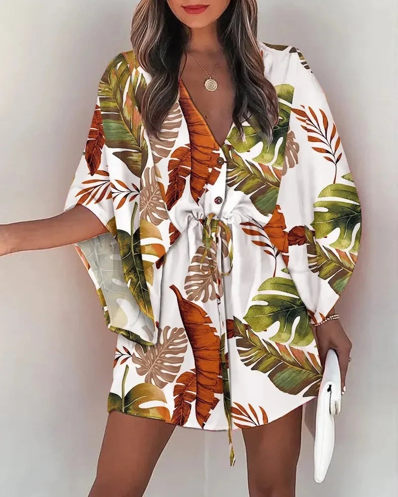Floral Print Bat Half-Sleeve Dress