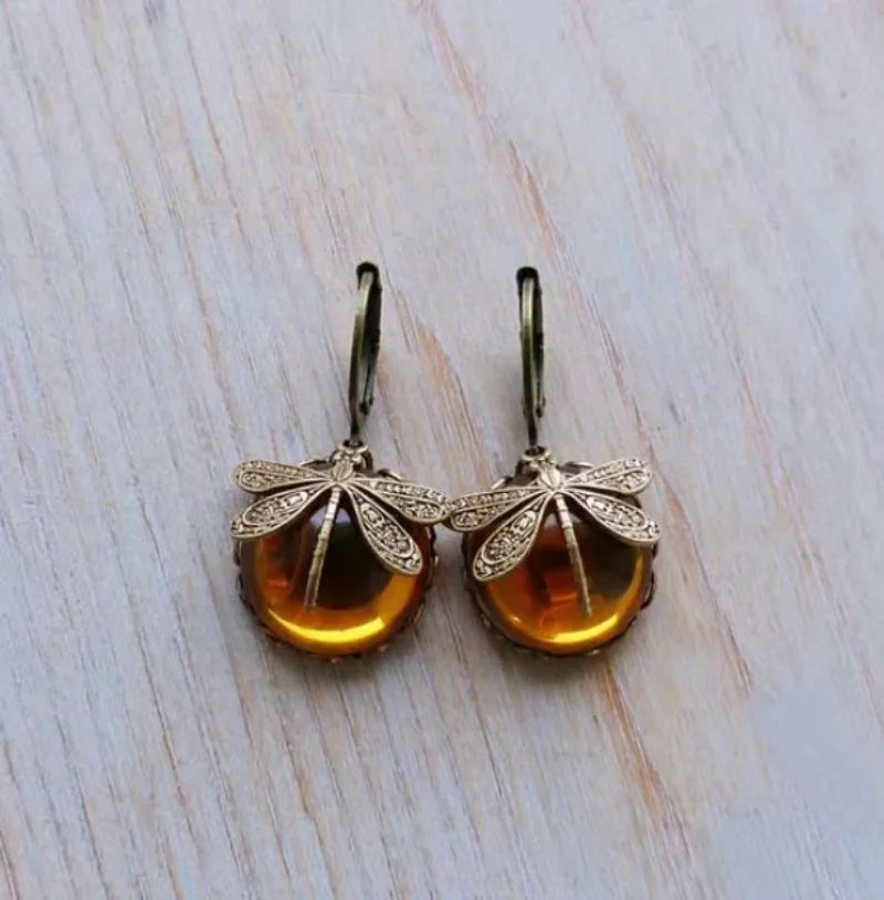 Vintage Bronze Dragonfly Drop Earrings