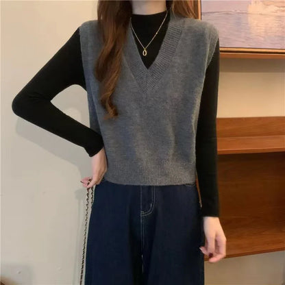 V-neck Knitted Vest Vintage Sleeveless Sweater Waistcoat Korean Chic