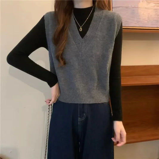 V-neck Knitted Vest Vintage Sleeveless Sweater Waistcoat Korean Chic