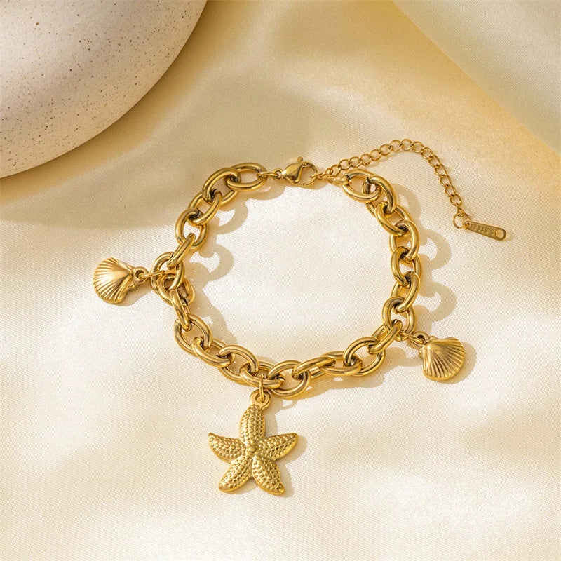 Stainless Steel Gold Starfish Moon Star Bracelet