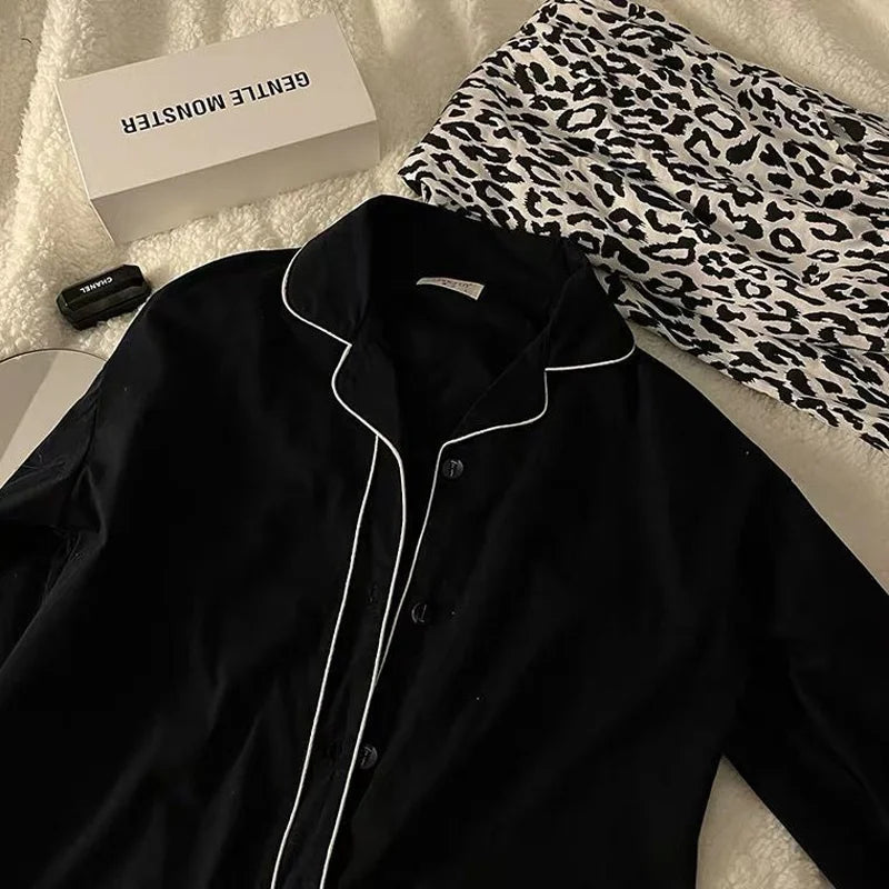 Korean Version Black Leopard Cardigan Thin Suit Set
