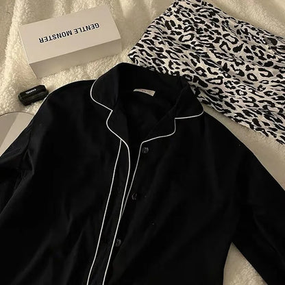 Korean Version Black Leopard Cardigan Thin Suit Set