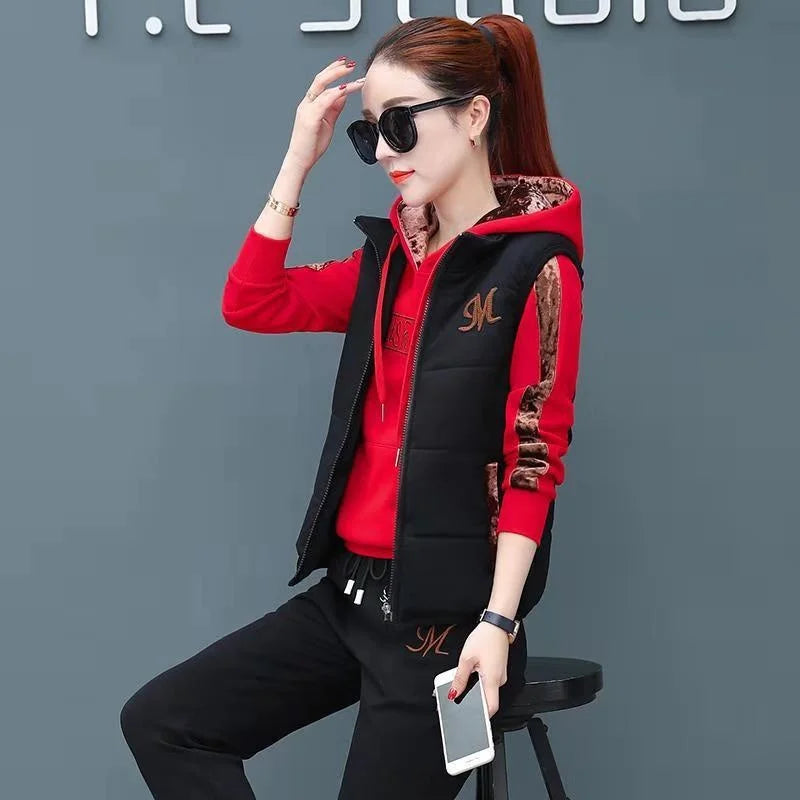 Casual Autumn Winter Thickened Hooded Waistcoat Pants 3 Three Piece Sets