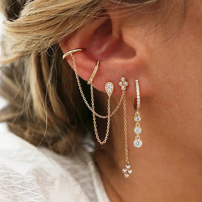 Stainless Steel Gold Color Chain Dangle Drop Zirconia Earrings