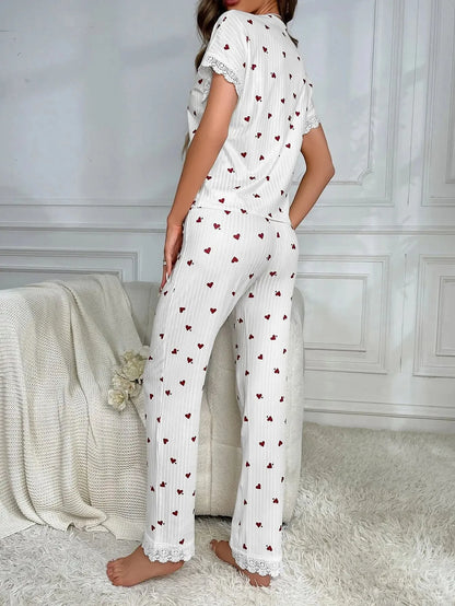 Lace Short Sleeve Cherry Sleepwear Pajama Set