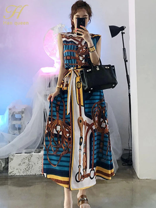 Korean Sexy Sleeveless  A-Line Long Skirt Korean Set