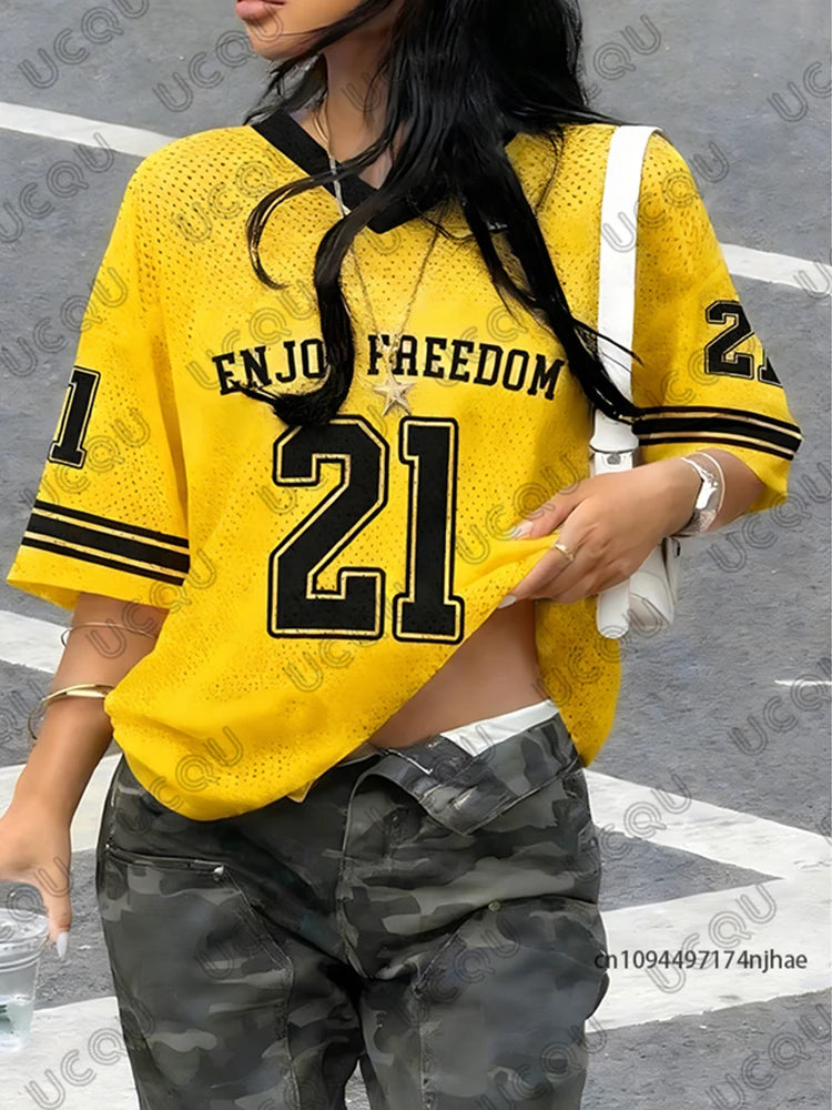 No.21 Print V-Neck Short Sleeve Sports Football Jersey Y2K Oversized T-Shirt