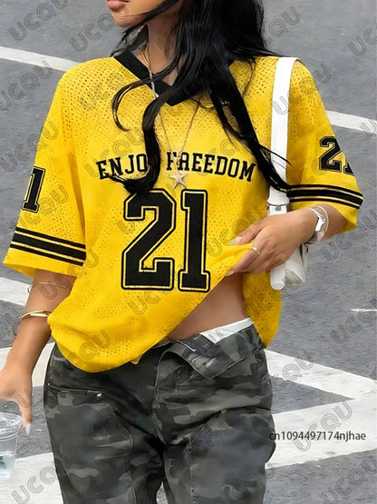No.21 Print V-Neck Short Sleeve Sports Football Jersey Y2K Oversized T-Shirt