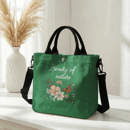 Floral Butterfly Letter Print Brown Canvas Tote Bag