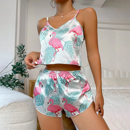 Heart Print Satin Sexy V Neck Pyjama set
