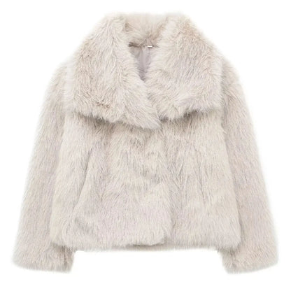Elegant Faux Fur Warm Fluffy Loose Long Sleeve Lapel Jacket