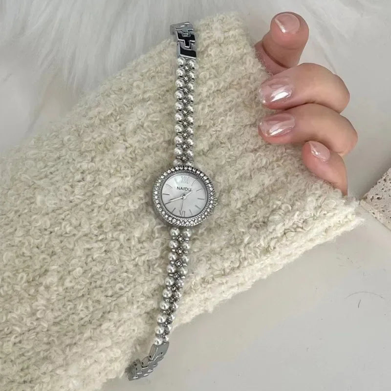 Pearl Studded Strap Luxury Bracelet Quartz Wristwatches
