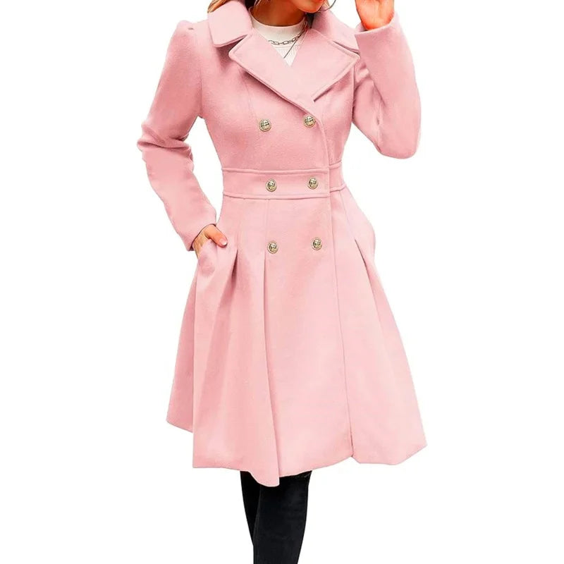 Winter Woolen Trench Coat Skirt Double Breasted Flip Lapel Jacket