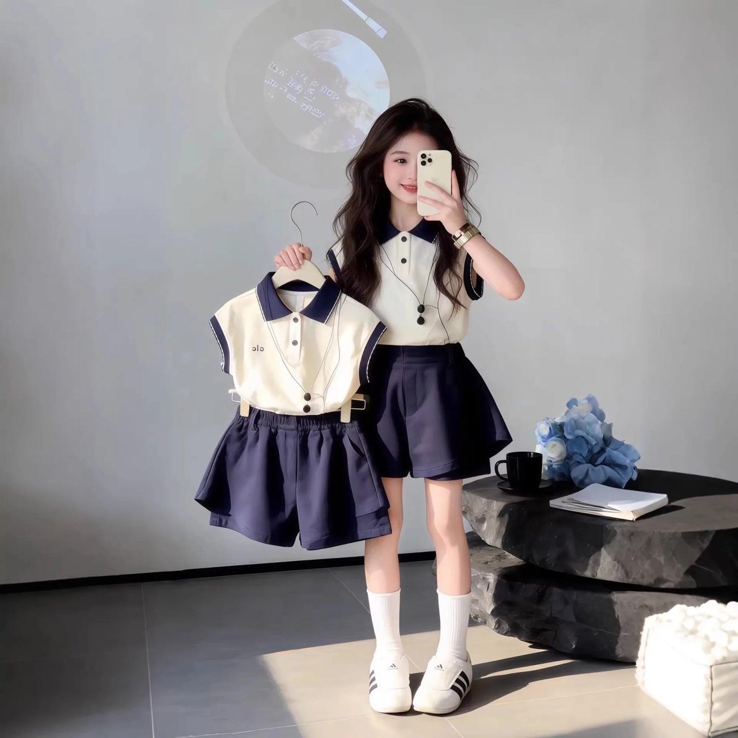 Thin Polo Shirt Shorts Two Piece Set