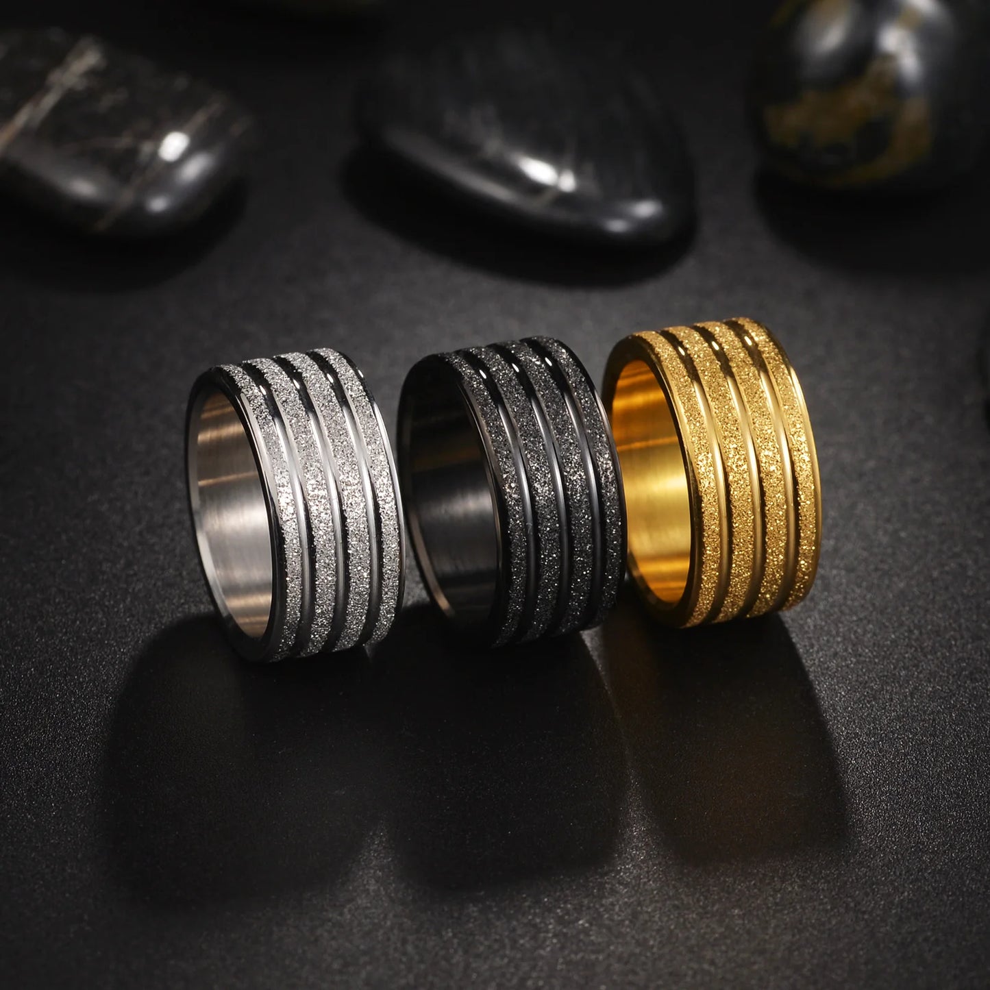 Wide Frosted Golden Titanium Steel Ring