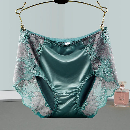 Satin Soft Middle Waist Elegant Exquisite Flower Underwear