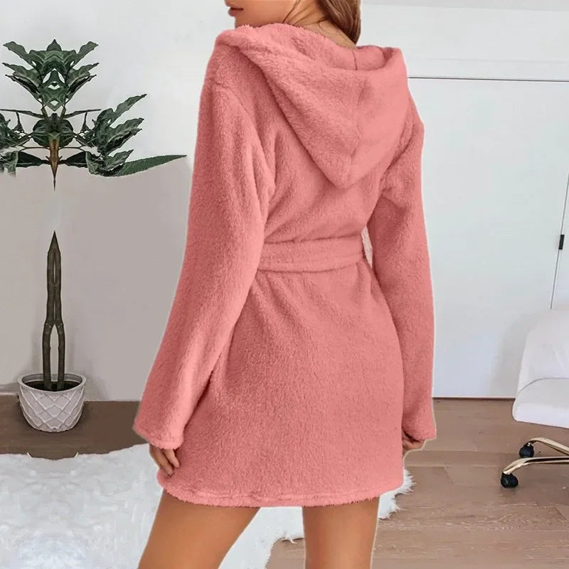 Bath Fluffy Plush Sexy Hooded Bathrobe