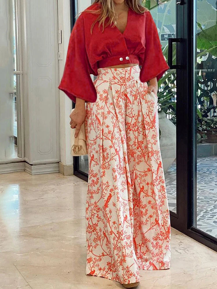 V-neck Long Sleeve Shirt And Straight Print Wide Leg Long Pant Sets