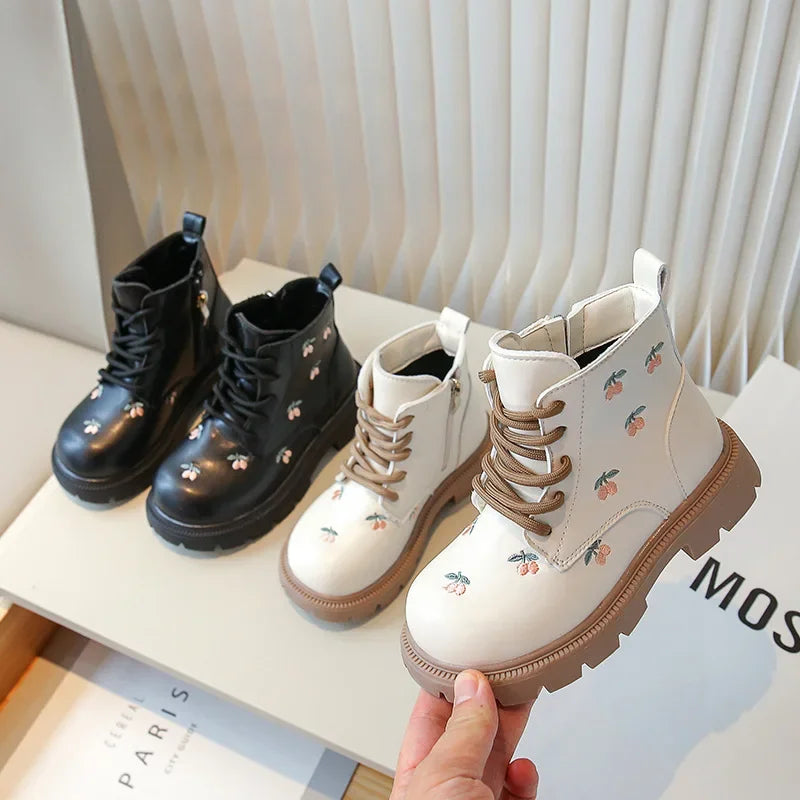 Ankle Sweet Embroider Spring Autumn Leather Boots