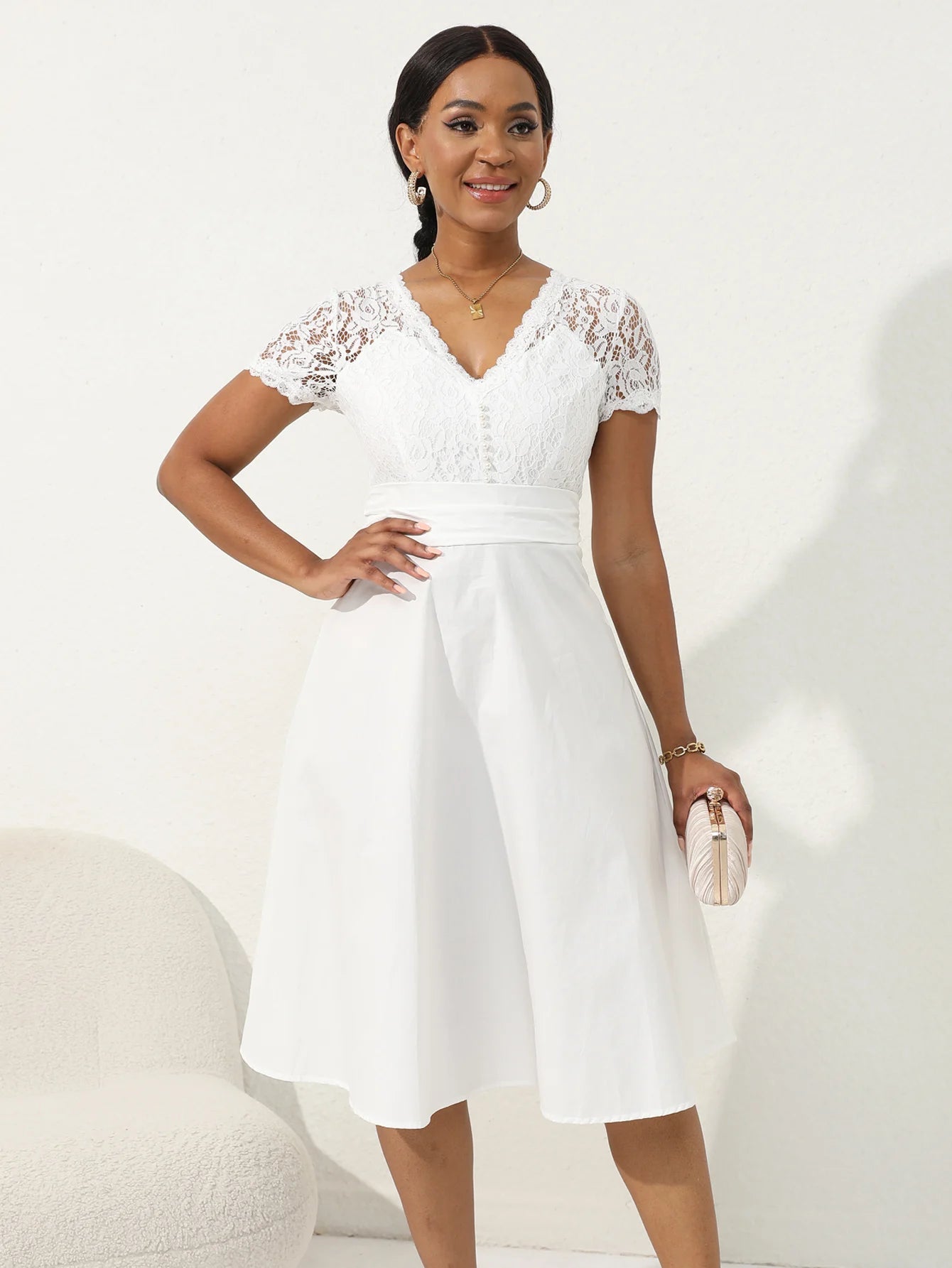 Vintage Floral Lace V Neck Short Sleeve Cocktail Midi Dress