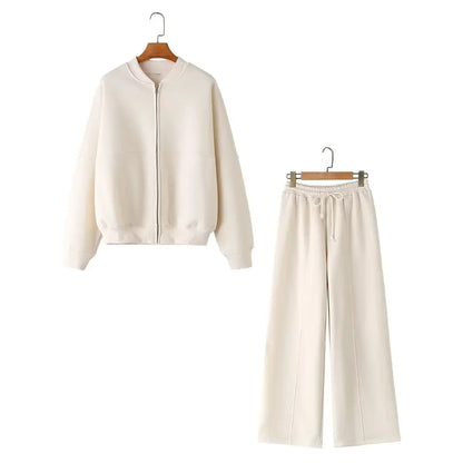 Fall Bomber Jacket Sweatshirt Wide Leg Pants Set