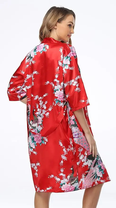 Floral Satin Kimono Robe and Nightgown Bathrobe Set
