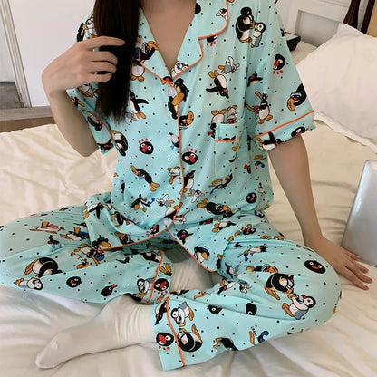 Kawaii Cute Cartoon Little Penguin Print Milk Silk Homewear Sleepwear Pajamas