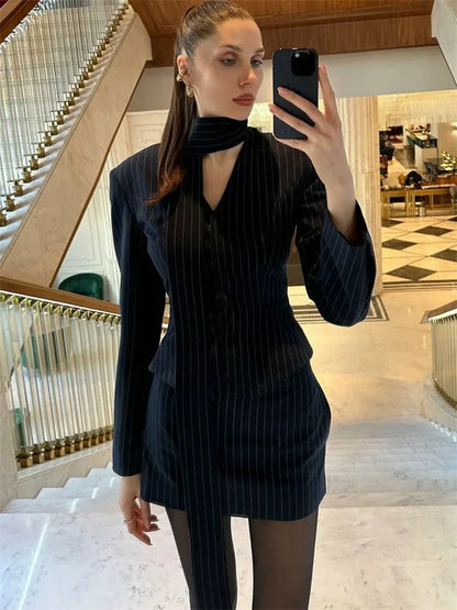 Mini Skirt Elegant Striped Suit Sets