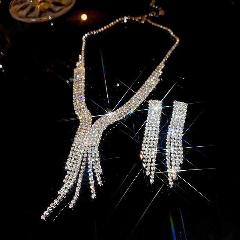 Double Layer Choker Necklace Full Rhinestone Cuff Set