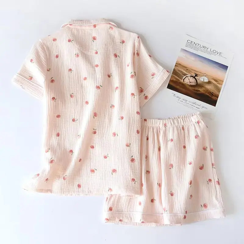 Short-sleeved 100% Cotton Crepe Cloth Thin Loose Pajama Sets