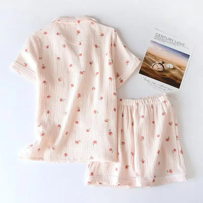 Short-sleeved 100% Cotton Crepe Cloth Thin Loose Pajama Sets