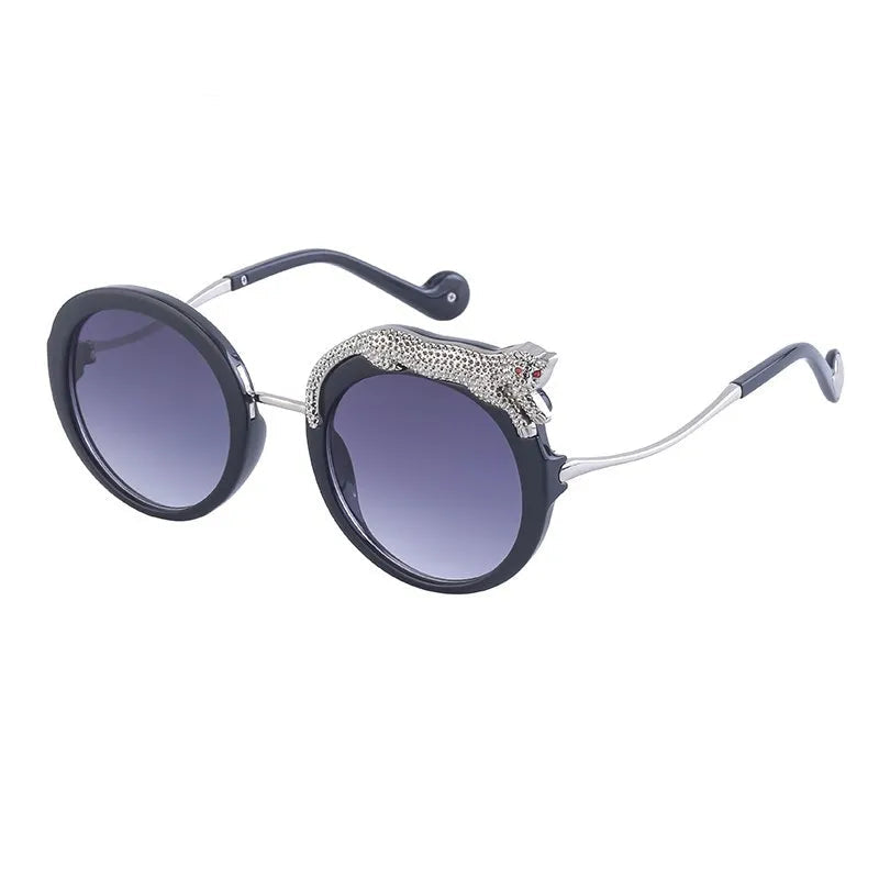 Oversized Round Crystal Leopard Sun Glasses