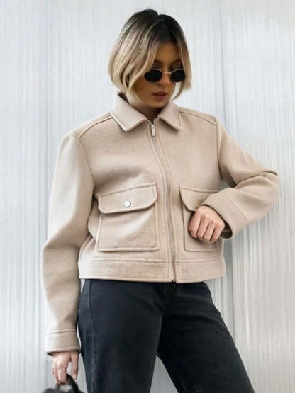 Zipper Winter Long Sleeve Pocket Outerwear Elegant Jacket Coat
