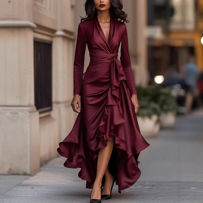 Long Sleeve V Neck High Waist Slim Fit Ruffle Dress