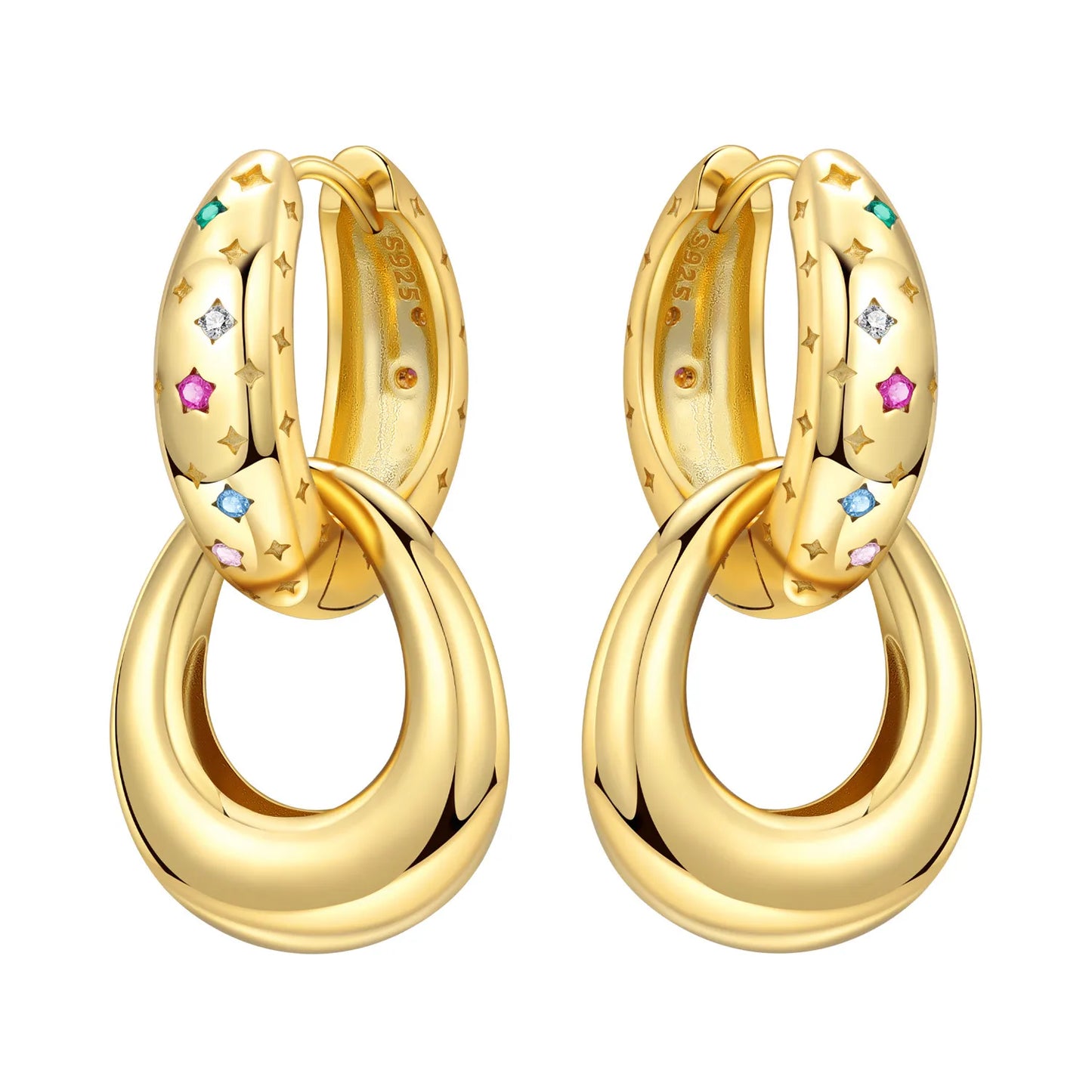 S925 Sterling Silver Zircon 18K Gold Lining Vintage Hoop Earrings