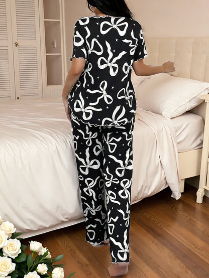 Valentine's Day Romantic Bowknot Floral Sleepwear Pajamas Set