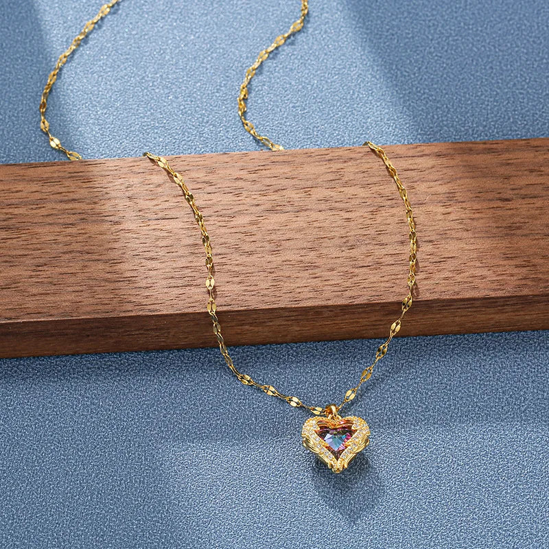 Colorful Crystal Ocean Heart Pendant Necklace Jewelry
