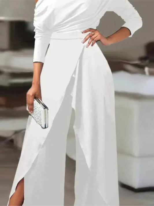 Off Shoulder Long Sleeves High Waist Wide Leg Jumpsuit