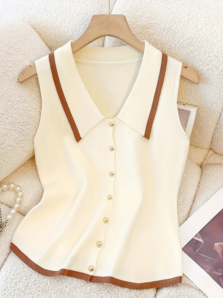Polo Collar Knit Vest with Gold Button Sleeveless Cardigan Vest