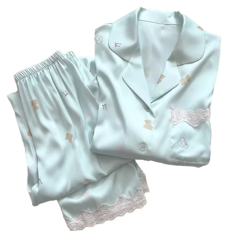 Bear Print  Cool Ice Silk Short Sleeve Cardigan Lace Fall Plus Size Pajama Sets