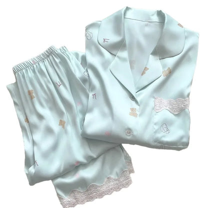 Bear Print  Cool Ice Silk Short Sleeve Cardigan Lace Fall Plus Size Pajama Sets