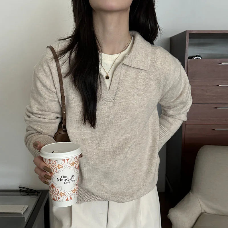 Knitted Long Sleeve Turn Down Collar Knit Sweater Pullover