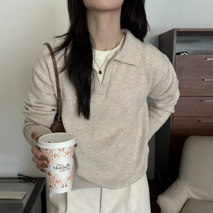 Knitted Long Sleeve Turn Down Collar Knit Sweater Pullover