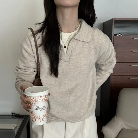 Knitted Long Sleeve Turn Down Collar Knit Sweater Pullover
