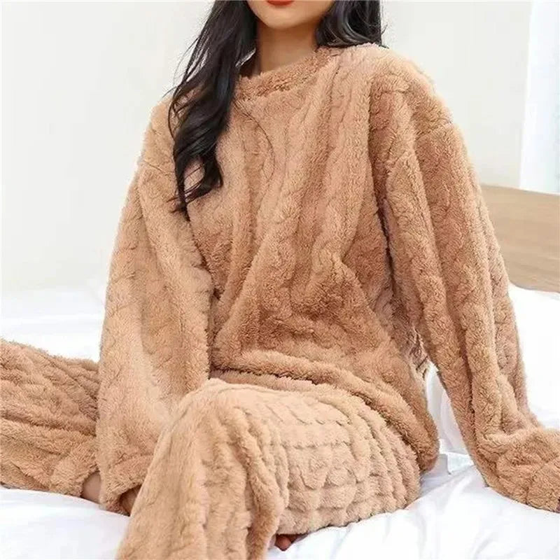 Coral Velvet Jacquard Soft Warm Winter Loungewear Pajama Sets