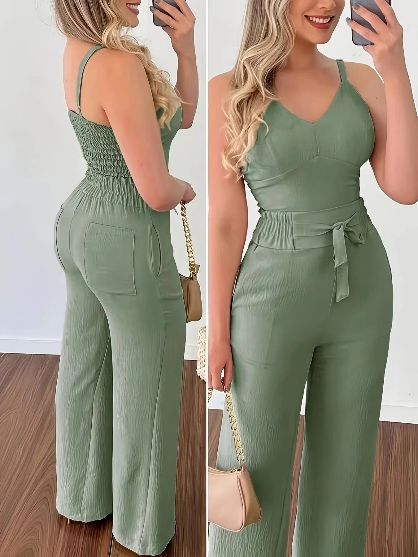 Elegant Camisole Top Elastic Waist Wide Leg Pants Set