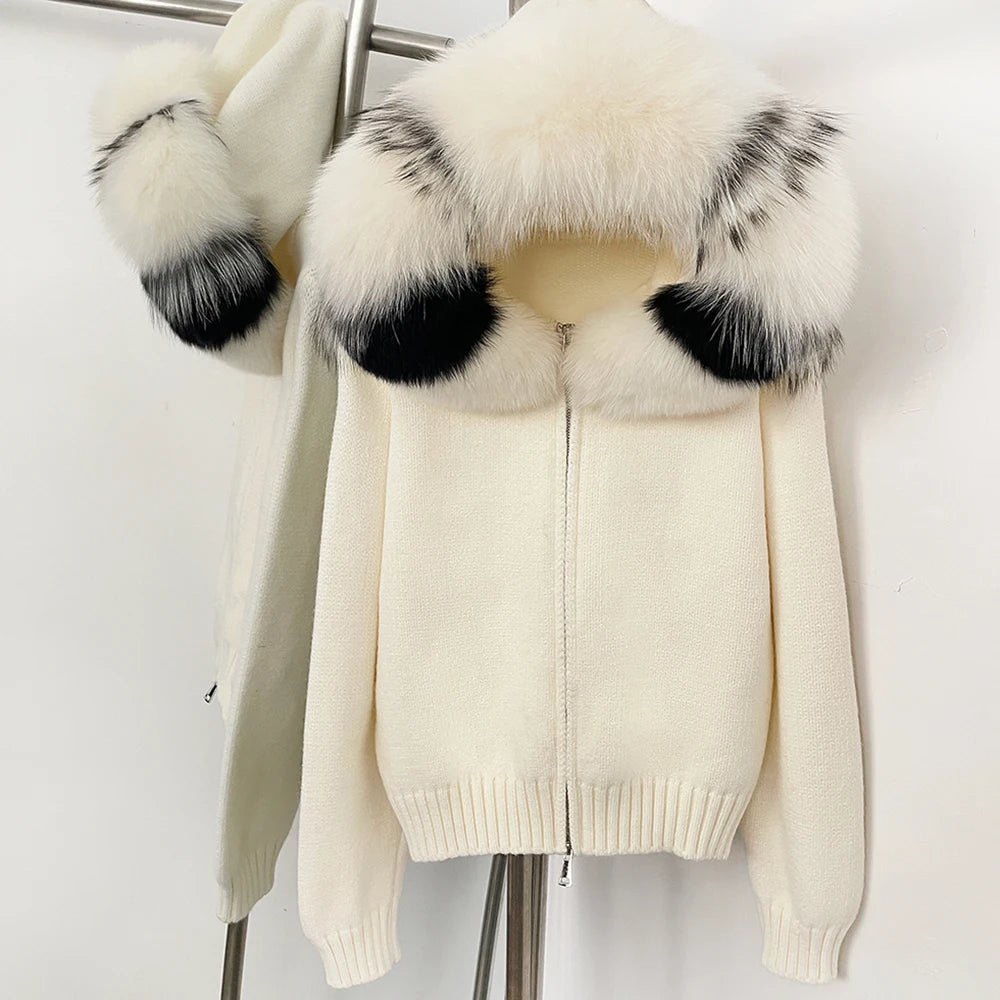 Autumn Winter Casual Hooded Real Fox Fur Collar Short Knitted Jacket