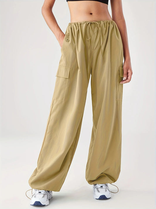 Cargo Wide Leg Elastic Drawstring Waist Pocketed Loose Fit Pants