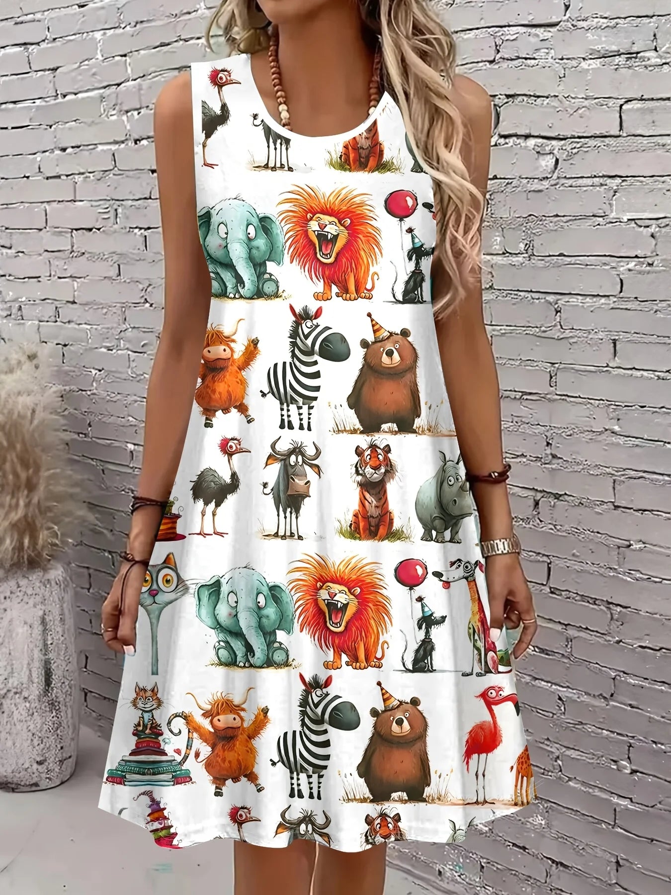 Sleeveless Round Neck Lions Zebras Elephants Print Dress